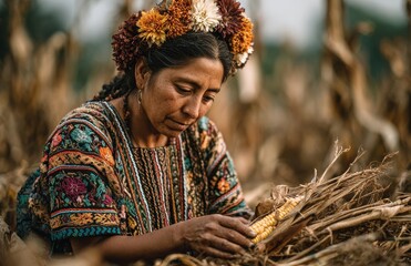 Indigenous woman farmer with flower crown harvests corn crop in a field