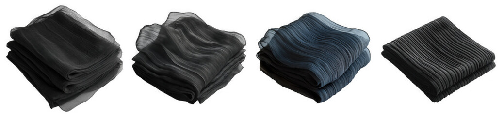 Four stacks of black mesh fabric are isolated on transparent background