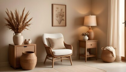 A peaceful living room with warm tones and natural light, creating a cozy atmosphere.