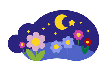 Naklejka premium Night Illustration Of Dreamy Landscape Glowing Stars