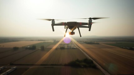 Drone flies over golden farmland view