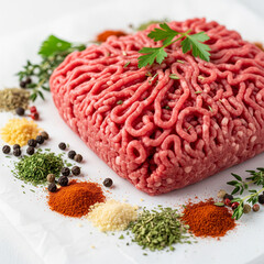 Close-up of raw minced beef on parchment paper with scattered herbs and seasoning — a bold and raw look into culinary preparation copy