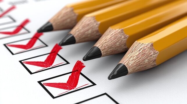 Marking Completed Items: Pencils on a checklist with red checkmarks, symbolizing task completion, approval, and accuracy in record keeping.