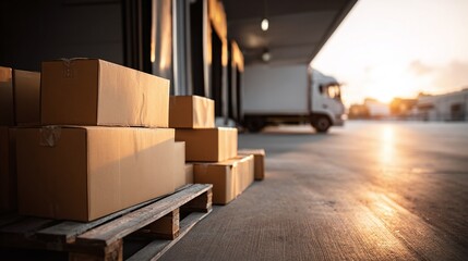 Shipping boxes at a loading dock: Cardboard boxes stacked on a wooden pallet, ready for transport and logistics operations.