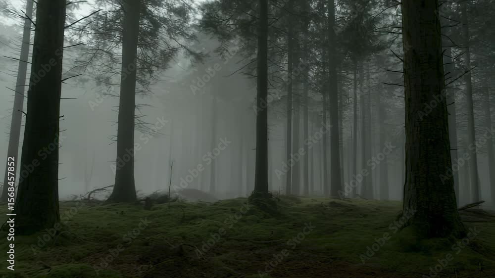 Poster eerie view of a foggy forest with tall trees and mossy ground, creating a mysterious and atmospheric
