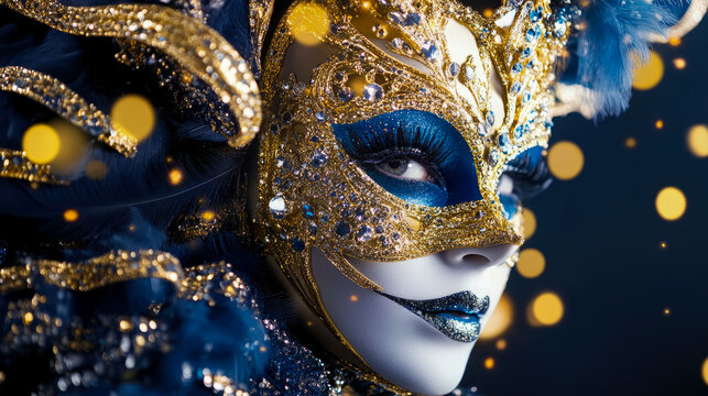 An ornate golden and blue masquerade mask adorned with glitter and feathers, embodying the opulent spirit of a Venetian Carnival celebration, suitable for an event invitation or festive poster.