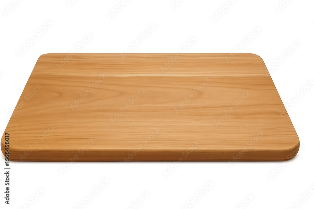 Poster light brown rectangular cutting board with rounded corners resting on a transparent background, perf