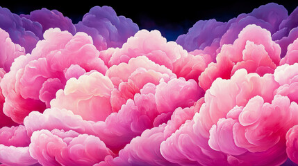 Vibrant fantasy cloudscape with soft pink and purple formations, a magical atmospheric setting for cheerful art print.