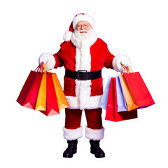 Cheerful Fat Santa Carrying Colorful Gift Bags on Vivid Violet Background
