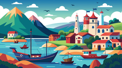 Colorful Vector Landscape Coastal Village with Mountains, Boats, and a Fortress Illustration