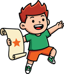 Happy red-haired boy holding star certificate celebrating achievement in green shirt and orange shorts vector illustration cheerful energetic character