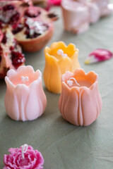 Handmade Candles, Peonies & Pomegranate on Festive Table