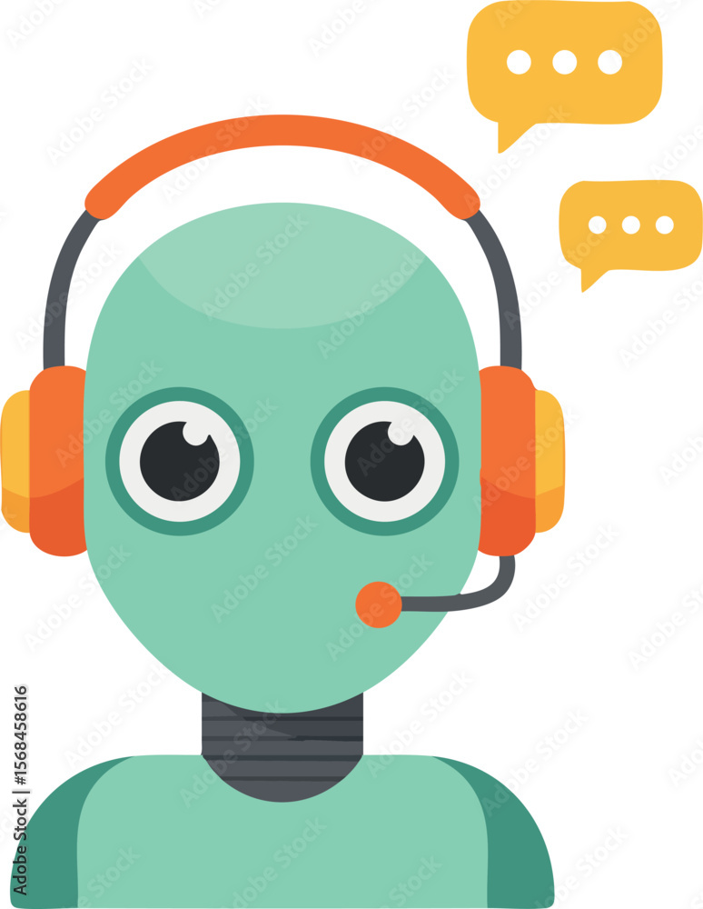 Poster robot customer support agent with headset and chat bubbles vector illustration