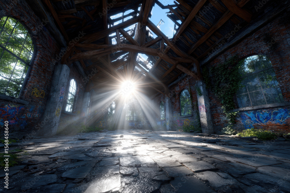 Poster sunlight streams through an abandoned building with broken windows and overgrown vegetation