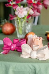 Handmade Pink Bow Candle Holder, Festive Table Decor