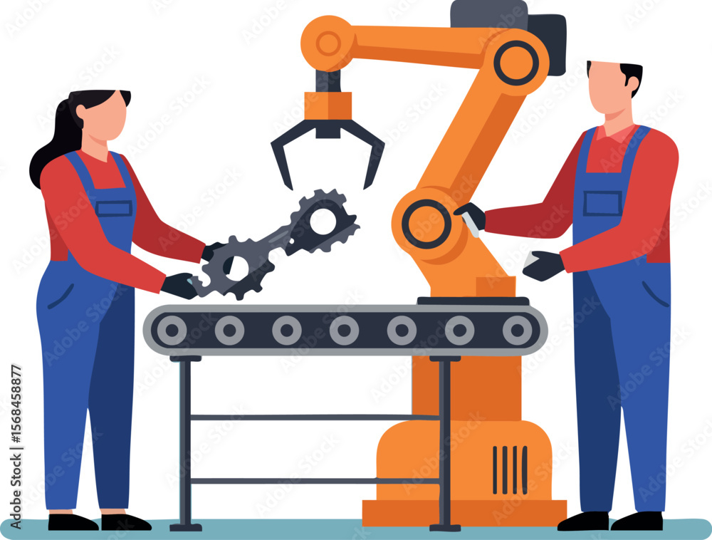 Poster factory workers operating robotic arm assembling machine parts on conveyor belt vector illustration