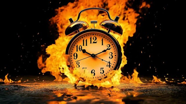 Alarm clock engulfed in flames, time running out concept, dramatic lighting, symbolizing urgency and deadline, set against a dark background