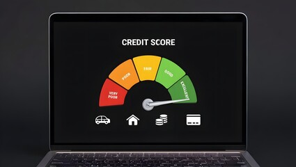Credit score concept, Online credit score ranking check. student loan, mortgage and payment cards. Businessman using laptop with virtual credit score icon for chart with credit history values.