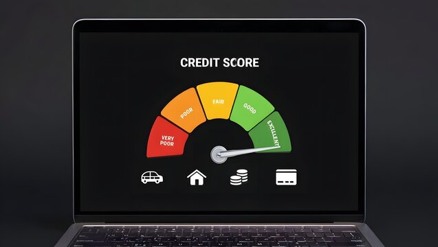 Credit score concept, Online credit score ranking check. student loan, mortgage and payment cards. Businessman using laptop with virtual credit score icon for chart with credit history values.