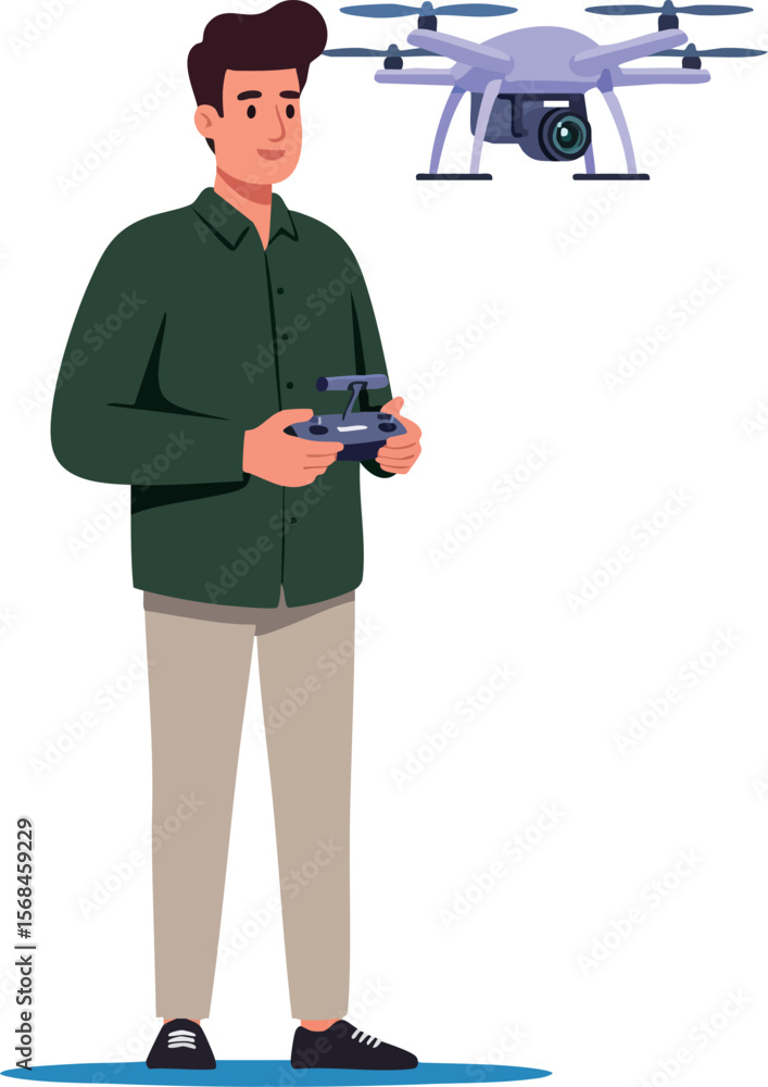 Poster man controlling drone with remote controller technology gadget leisure activity