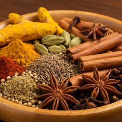 Closeup of a wooden bowl filled with various spices turmeric, cumin seeds, cinnamon sticks, star anise, cloves, cardamom pods, and chili powder. Rich warm colors and textures.