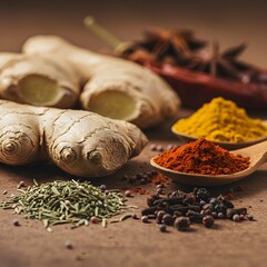 Closeup of assorted spices ginger root, turmeric powder, paprika, peppercorns, rosemary, and star anise. Wooden spoons hold the powders. Rich, warm colors.