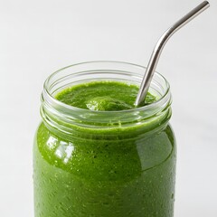 Refreshing Green Smoothie in Mason Jar with Metal Straw