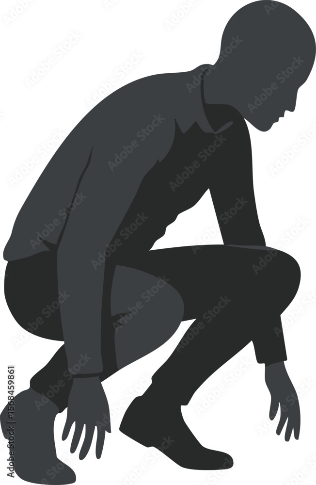 Poster silhouette of crouching man in dark outfit resting on toes isolated vector design for active pose or