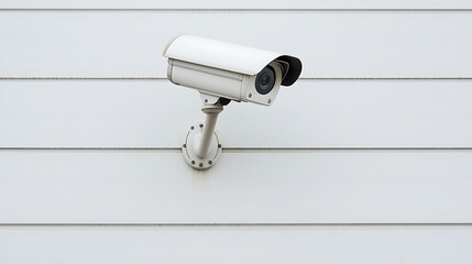 Security camera on a white wall with horizontal lines. Surveillance equipment, monitoring, and security measures are vital for public and personal safety.