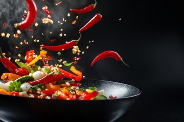 Wok Pan with Flying Vegetables and Red Chili Peppers Dynamic Stir Fry Action Shot