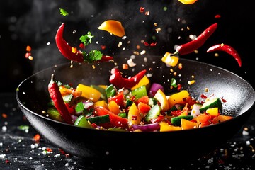 Wok Pan with Flying Vegetables and Red Chili Peppers Dynamic Stir Fry Action Shot
