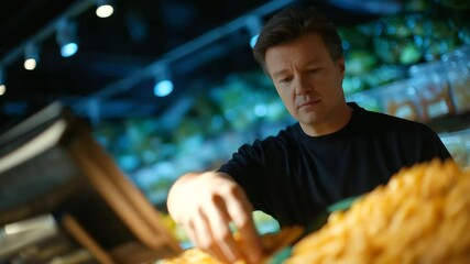 A shopper weighing produce with a scale in a grocery store section