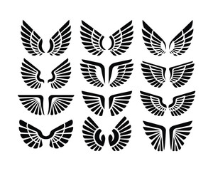 Collection of Stylized Black Wing Silhouettes – Line Art Feather Vector Set