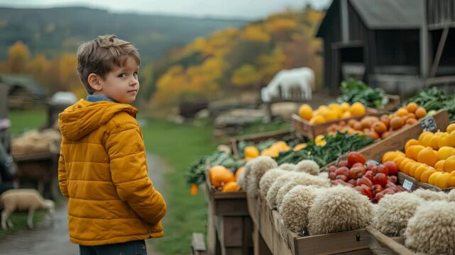 Child Exploring Farmers Market in Autumn