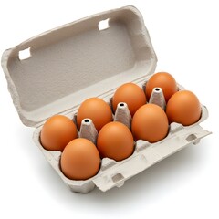 A carton of eight brown chicken eggs sits open, showcasing fresh farm produce ideal for a healthy breakfast. The eggs are neatly arranged in a recyclable cardboard container.