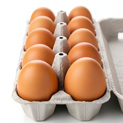 A dozen brown eggs neatly arranged in a gray cardboard egg carton. Closeup view against a white background. Fresh and ready to cook.
