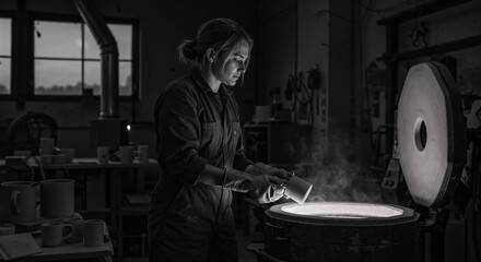 Ceramic artist at work in dimly lit pottery studio