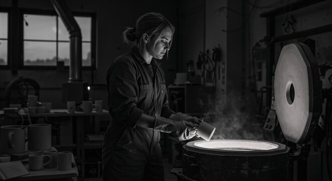 Ceramic artist at work in dimly lit pottery studio