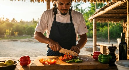 Chef preparing fresh vegetables in outdoor kitchen at sunset