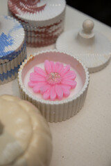 Pink floral candle, handmade decorative wax flower