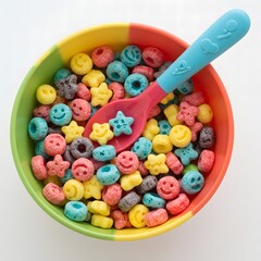 A vibrant bowl filled with colorful cereal shaped like smiley faces, stars, and rings. A pink spoon rests inside, ready for a tasty breakfast.