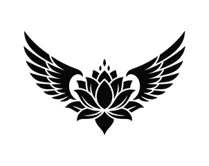 Obraz premium Black and White Tribal Tattoo of Lotus and Wings – Geometric Symmetrical Design