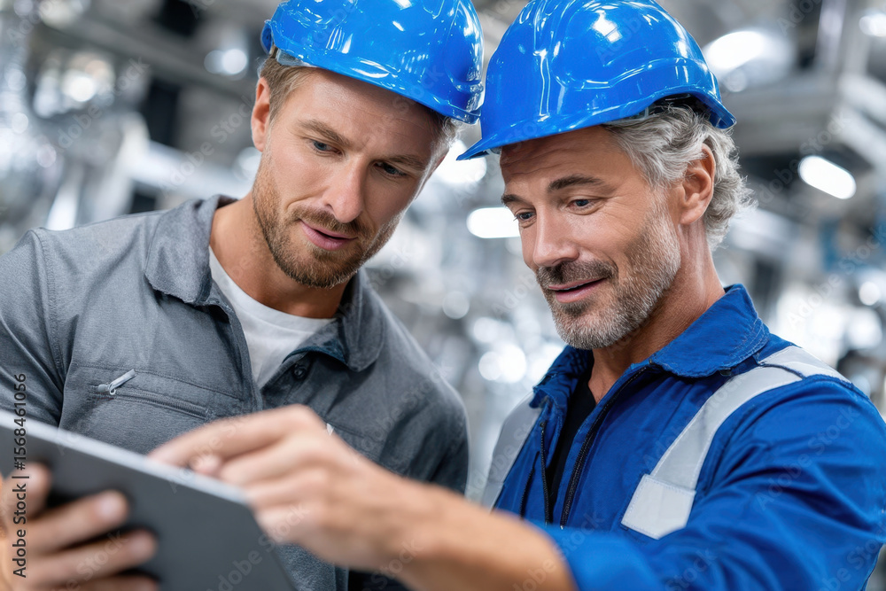 Poster engineers collaborate on project in industrial facility using digital tablet for analysis