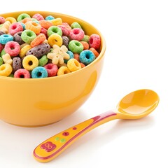 A yellow bowl overflows with colorful, sweet cereal rings and star shapes. A small, colorful spoon rests nearby, ready for a delicious breakfast.