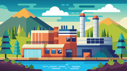 Naklejka premium Colorful Vector Illustration of a Factory by the River Amidst a Mountain Landscape