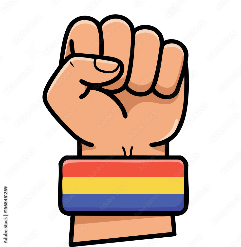 Poster raised fist with rainbow wristband symbolizing pride and unity in colorful vector style