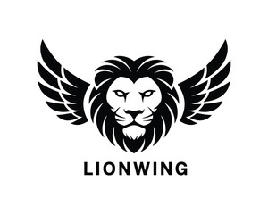 Obraz premium Minimalist Lion Head with Wings Logo – Black and White Tribal Vector Design