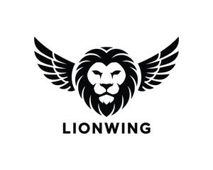 Obraz premium Minimalist Lion Head with Wings Logo – Black and White Tribal Vector Design
