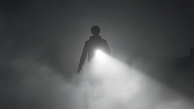 Silhouette of a person holding a flashlight in dense fog, creating a mysterious and dramatic scene