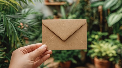 Hand holding kraft paper envelope amidst lush greenery, creating a natural and personal touch. Focused on simplicity and connection with nature.